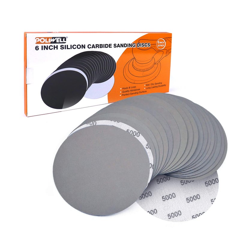 POLIWELL 6 Inch (150mm) 5000 Grit High Performance Waterproof Hook & Loop Sanding Discs Heavy Duty Silicon Carbide Round Flocking Sandpaper for Wet/Dry Sanding Grinder Polishing Accessories, 20-Pack - Image 1